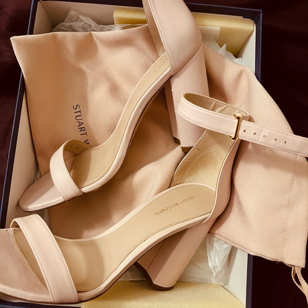 Stuart Weitzman Pale Pink Block Heel Ankle-Strap Sandals